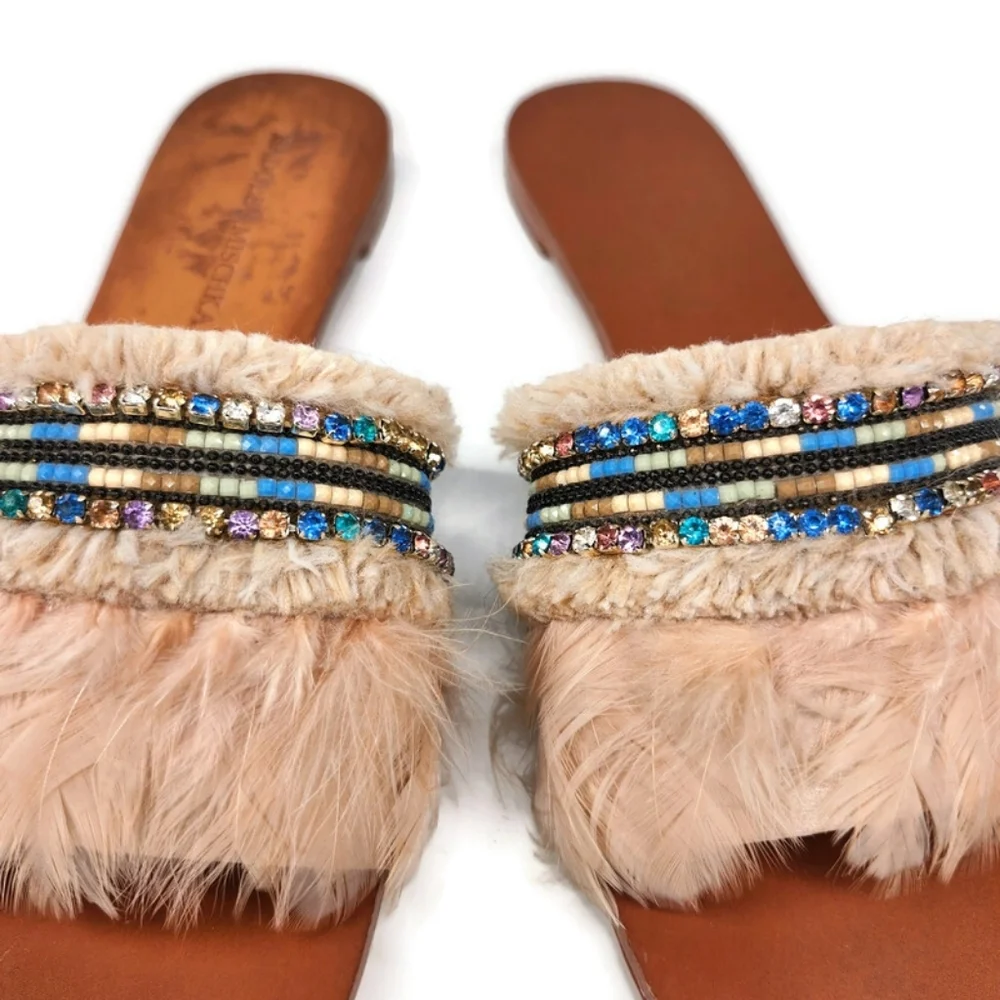 Badgley Mischka Fortune Nude Cream Feathers Beads Open-Toe Flat Slide-On Sandals